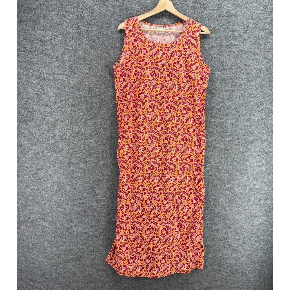 Mary Jane Dress Women L Large Orange Floral Shift Midi Sleeveless Cotton Casual